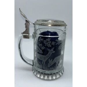 Vintage West Germany Lidded Beer Stein With Etched Deer Forest Design   Hunter